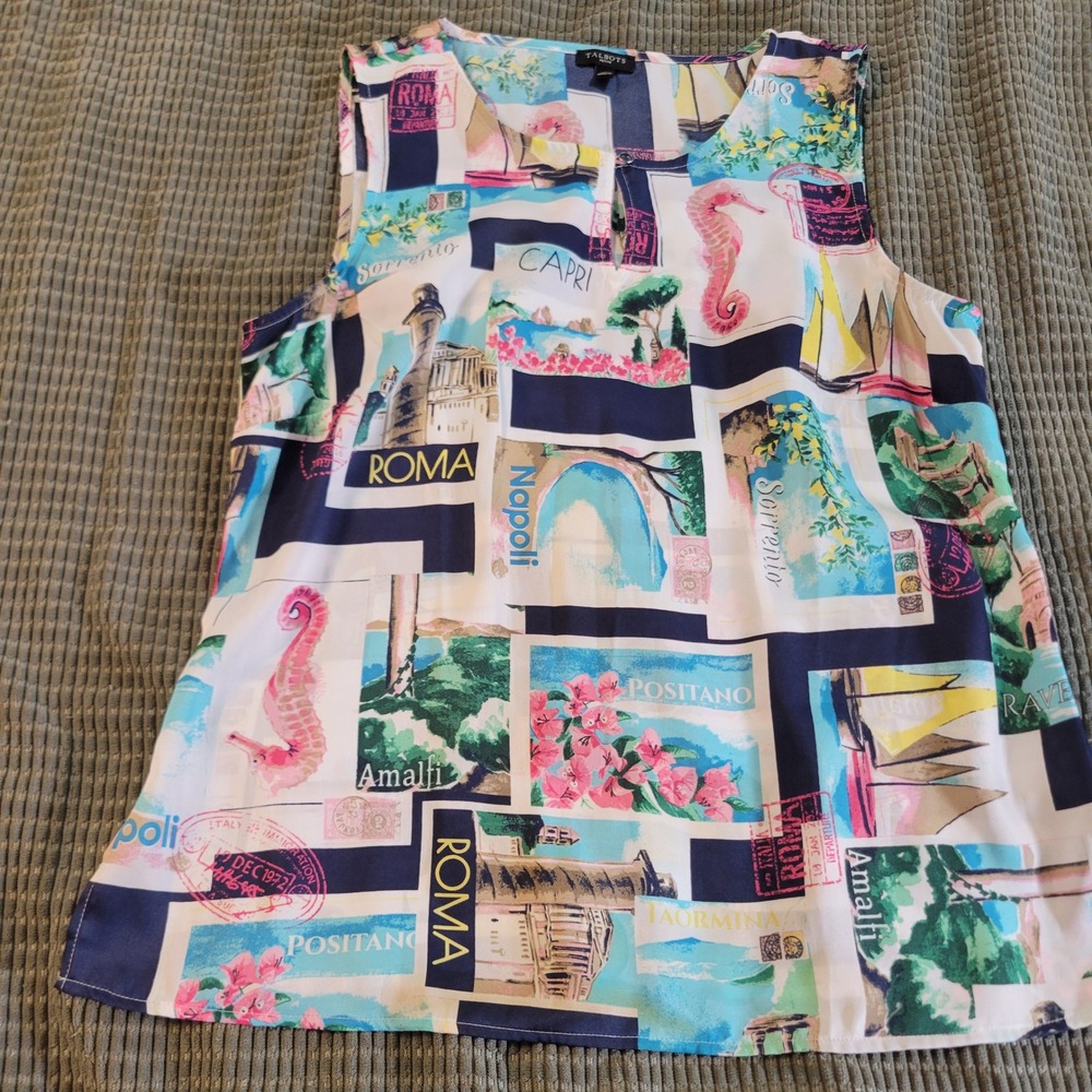 Talbots Womens Blouse MP Multi Polyester Italian Postcard Travel Sleeveless Top